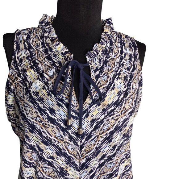 WHBM Size S Blouse Top Womens Sleeveless Ruffle Neck Tie Abstract Printed Design - Picture 5 of 10